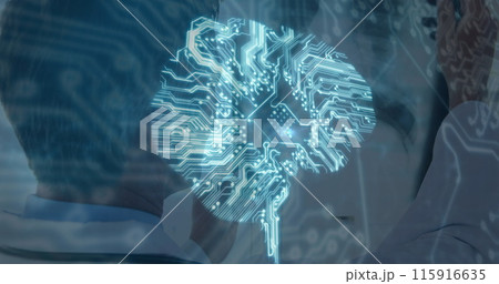 Image of computer circuit board brain and connections over caucasian male doctor Image of computer circuit board brain and connections over caucasian male doctor 115916635