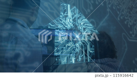 Image of computer circuit board house over caucasian male doctor and boy 115916642