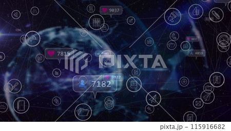 Image of media icons and globe on black background Image of media icons and globe on black background 115916682