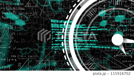Image of clock moving over scientific data on black background 115916702