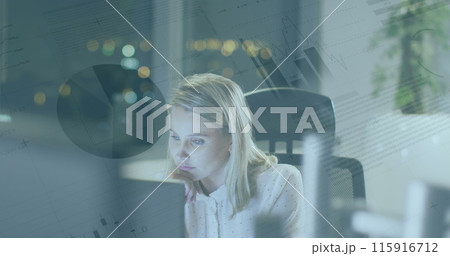 Image of data processing over caucasian businesswoman using laptop Image of data processing over caucasian businesswoman using laptop 115916712