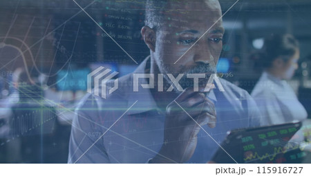 Image of data processing over african american businessman using tablet 115916727