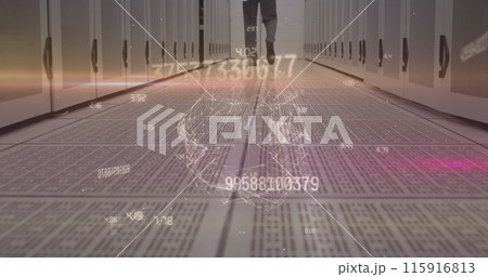 Globe of network of connections against low section of male engineer walking in computer server room 115916813