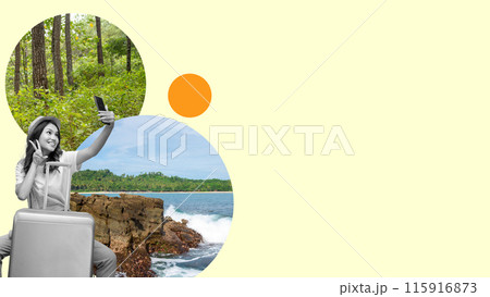 A portrait of a woman sitting on a suitcase takes a self-portrait with a travel destination A portrait of a woman sitting on a suitcase takes a self-portrait with a travel destination 115916873