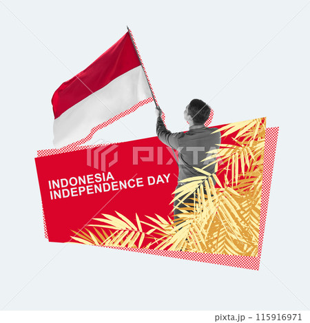 Man waving indonesian flag celebrating indonesian independence day with tropical leaves 115916971