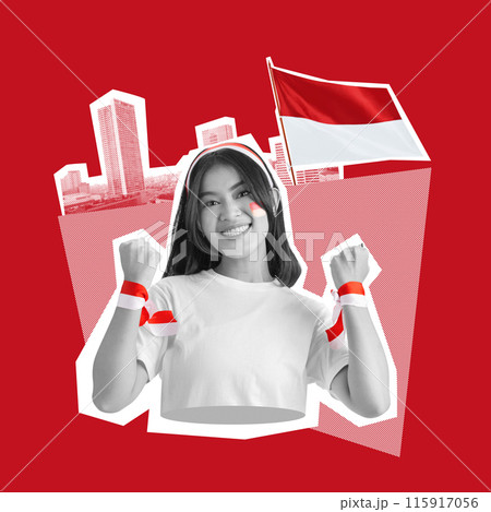 Portrait of an Indonesian woman with Indonesian flag ornament Portrait of an Indonesian woman with Indonesian flag ornament 115917056