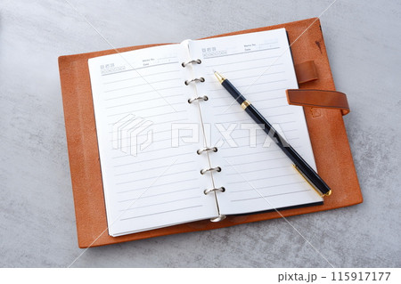 リング式のシステム手帳を開いて、日記をつけているイメージ リング式のシステム手帳を開いて、日記をつけているイメージ 115917177
