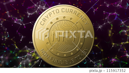 Image of nft text on golden coin and network of connections over dark background Image of nft text on golden coin and network of connections over dark background 115917352