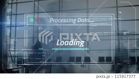 Image of interface screen with data loading over fast motion office workers walking in building 115917377