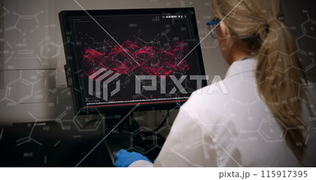 Image of chemical formulas over back view of caucasian female lab worker using computer 115917395