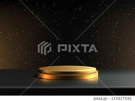 3D Gold Podium on Dark Background with Sparkling Glitter for Luxury Product Display 115917542