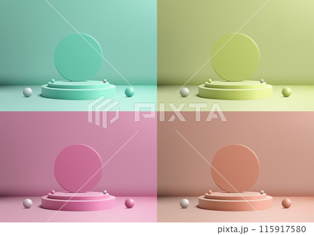 3D vibrant podium with a circle backdrop in the middle sits and balls elements on a soft background 115917580