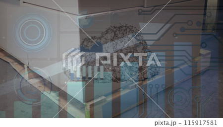 Image of graphs and cloud over packages in warehouse Image of graphs and cloud over packages in warehouse 115917581