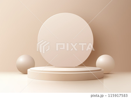 3D Beige Podium with Circle Backdrop and Shiny Balls, Playful and Celebratory Atmosphere for Product Display, Mockup, Showroom 3D Beige Podium with Circle Backdrop and Shiny Balls, Playful and Celebratory Atmosphere for Product Display, Mockup, Showroom 115917583