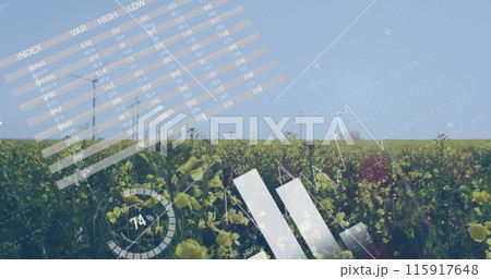 Image of multiple graphs and data with flared light moving over lush plants growing in farm 115917648