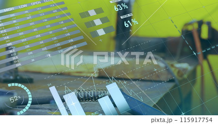 Image of statistics and data processing over machinery in factory Image of statistics and data processing over machinery in factory 115917754
