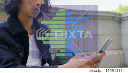 Image of cityscape over biracial businessman using smartphone 115918184