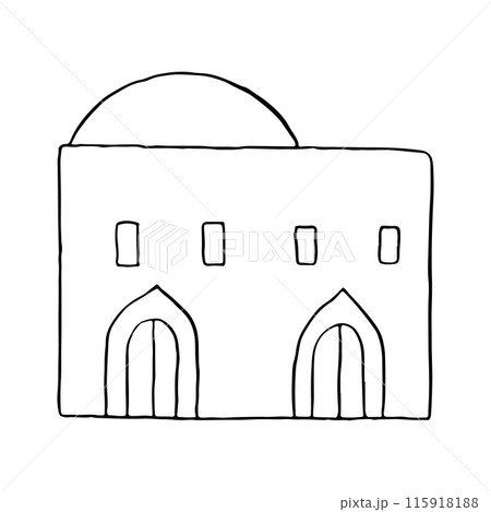 Black and white Arabic house vector illustration. Simple flat traditional Islamic Middle East architecture front with windows and doors. Ancient line hut with dome Black and white Arabic house vector illustration. Simple flat traditional Islamic Middle East architecture front with windows and doors. Ancient line hut with dome 115918188