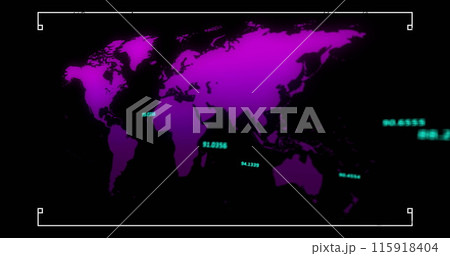 Image of data processing over world map on black background Image of data processing over world map on black background 115918404