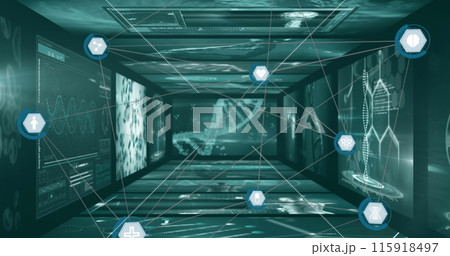 Image of icons in hexagons connected by lines over infographic interface tunnel 115918497