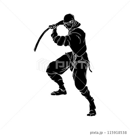 Ninjutsu fighter. Ninja, Japanese wrestler. Japan martial art. Asian warrior in mask, wrestling pose, stance, defending position, posture. vector illustration isolated on white background Ninjutsu fighter. Ninja, Japanese wrestler. Japan martial art. Asian warrior in mask, wrestling pose, stance, defending position, posture. vector illustration isolated on white background 115918538
