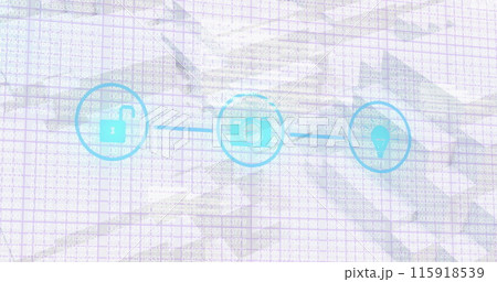 Image of network of digital icons over grid network against 3d concentric shapes 115918539