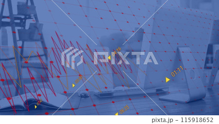 Image of financial data processing against close up of a desk at office 115918652