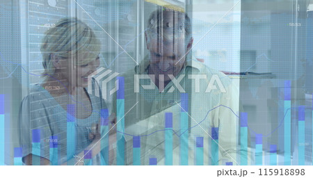 Image of statistics and financial data processing over delivery man and warehouse Image of statistics and financial data processing over delivery man and warehouse 115918898