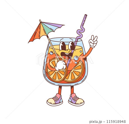 Retro groovy holiday party cocktail character. Isolated cute cartoon vector refreshing cocktail drink glass with orange slices and a straw, holding an umbrella. Summer pool or beach party beverage Retro groovy holiday party cocktail character. Isolated cute cartoon vector refreshing cocktail drink glass with orange slices and a straw, holding an umbrella. Summer pool or beach party beverage 115918948