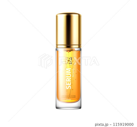 Serum package cosmetic product template. Isolated realistic 3d vector mockup of elegant cosmetic bottle filled with yellow liquid. Luxurious container with gold cap for skincare and beauty routines 115919000