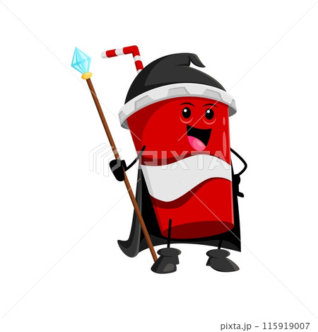 Cartoon Halloween cola cup fast food mage, wizard and witch character. Isolated vector mystical soda drink warlock personage in black robe, wields a staff, casting carbonated spells in whimsical world 115919007