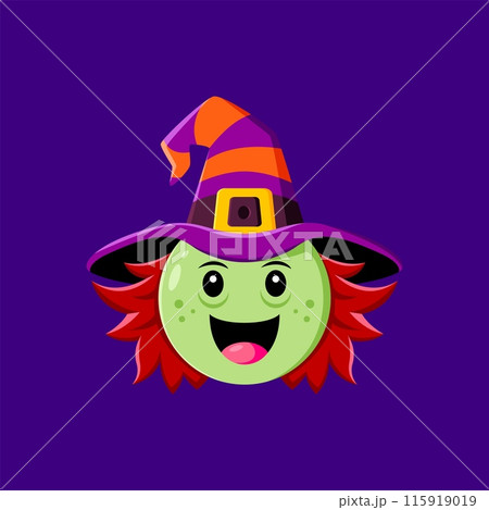 Halloween holiday cartoon witch emoji character. Isolated vector cheerful hag face with green skin, wear pointed hat, and a mischievous grin conveys spooky playful fun to messages during seasonal chat 115919019