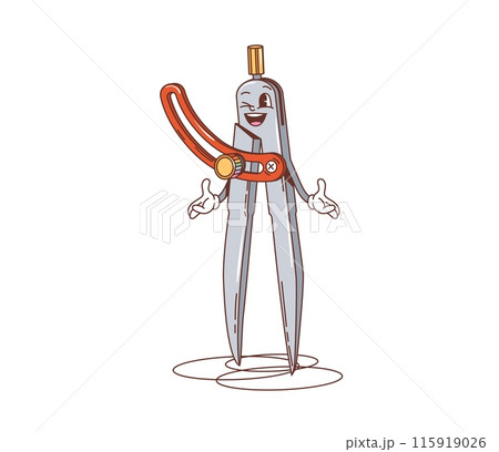 Groovy retro cartoon school compass character with funny face, vector funky stationery. Back to school education groovy retro cartoon character of geometry compass winking with happy smile Groovy retro cartoon school compass character with funny face, vector funky stationery. Back to school education groovy retro cartoon character of geometry compass winking with happy smile 115919026