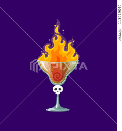Halloween cocktail ablaze with flickering fire flames, combines mysterious ingredients and spices. Isolated cartoon vector bewitching, hot, enchanting concoction to ignite spooky celebrations 115919040