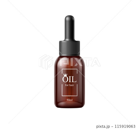 Hair oil bottle, cosmetic product package template. Isolated 3d vector realistic mockup of brown dropper bottle for hair care nourishing and moisturizing routine providing shine and smoothness to hair 115919063