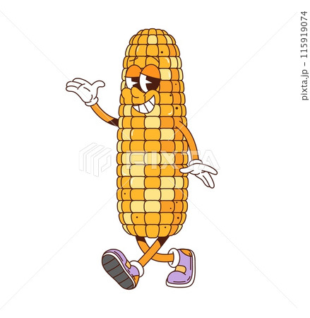 Corn cob retro groovy barbeque grill character. Isolated cartoon vector cheerful maize farm vegetable personage with ripe kernels, wearing shoes and joyful face expression, walking for bbq outing Corn cob retro groovy barbeque grill character. Isolated cartoon vector cheerful maize farm vegetable personage with ripe kernels, wearing shoes and joyful face expression, walking for bbq outing 115919074