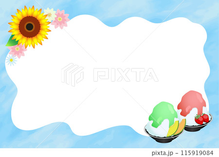 メロンとイチゴのかき氷とひまわりの夏のフレーム 115919084