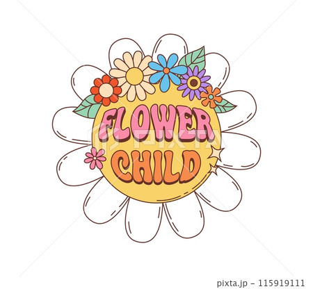 Retro groovy hippie symbol, vector stylized daisy with colorful flowers and leaves around its center, which features the text flower child in a playful, vintage font, exudes a cheerful, bohemian vibe Retro groovy hippie symbol, vector stylized daisy with colorful flowers and leaves around its center, which features the text flower child in a playful, vintage font, exudes a cheerful, bohemian vibe 115919111