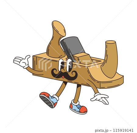 retro groovy plane tool character. Isolated cartoon vector jolly woodworking personage with a mustache and a cheerful expression, dressed in sneakers, exuding a friendly vibe, ready for carpentry task 115919141