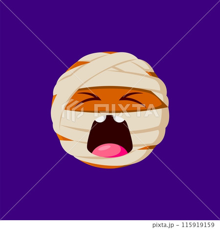 Halloween holiday mummy emoji. Cartoon character wrapped in bandage with wide open mouth and closed eyes peeking out, evoking spooky yet playful vibes. Isolated vector cute emoticon round face for app Halloween holiday mummy emoji. Cartoon character wrapped in bandage with wide open mouth and closed eyes peeking out, evoking spooky yet playful vibes. Isolated vector cute emoticon round face for app 115919159