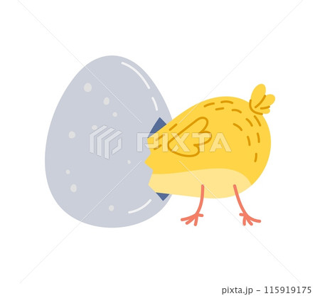 Cartoon chick character hatching from the egg. Isolated vector darling, newborn chickling baby bird personage playfully emerges from a cracked eggshell, featuring heartwarming scene of new life born Cartoon chick character hatching from the egg. Isolated vector darling, newborn chickling baby bird personage playfully emerges from a cracked eggshell, featuring heartwarming scene of new life born 115919175