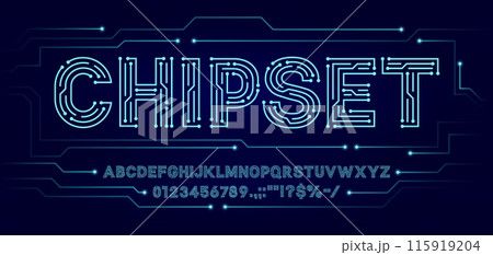 Tech circuit font, computer type, motherboard typeface, microcircuit english alphabet letters and numbers, vector typography set. Future technology circuit font with microchip neon lines pattern Tech circuit font, computer type, motherboard typeface, microcircuit english alphabet letters and numbers, vector typography set. Future technology circuit font with microchip neon lines pattern 115919204