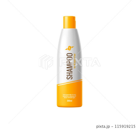 Hair shampoo bottle package cosmetic product template. Isolated 3d vector realistic mockup of white and orange bottle of shampoo, providing cleansing and moisturizing to keep hair fresh and healthy Hair shampoo bottle package cosmetic product template. Isolated 3d vector realistic mockup of white and orange bottle of shampoo, providing cleansing and moisturizing to keep hair fresh and healthy 115919215