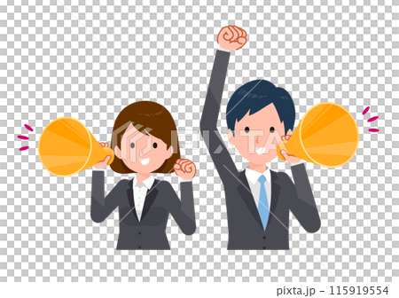 商務人士男女穿著西裝。用擴音器歡呼。 115919554