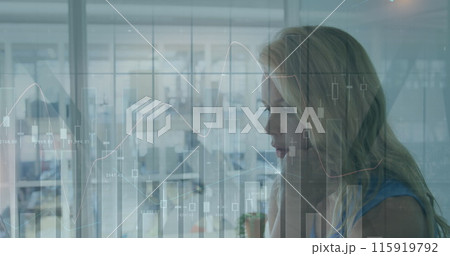 Image of data processing over caucasian businesswoman in office Image of data processing over caucasian businesswoman in office 115919792