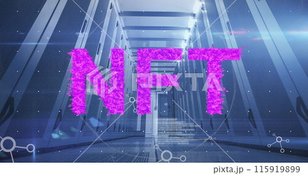 Pink nft text and networks moving over computer server room 115919899