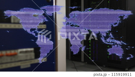 Distorting purple digital world map over computer server room 115919911