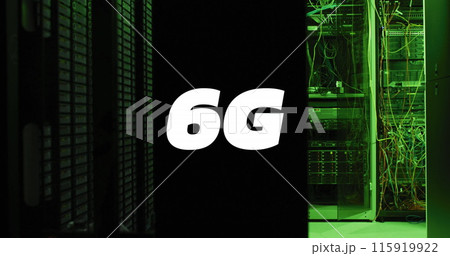 Image of 6g text banner against empty computer server room Image of 6g text banner against empty computer server room 115919922