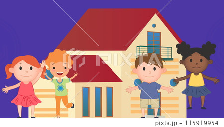 Image of happy diverse children jumping over house 115919954