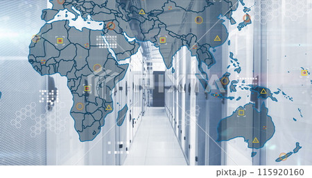 Image of circuit board pattern and map over server room in background Image of circuit board pattern and map over server room in background 115920160